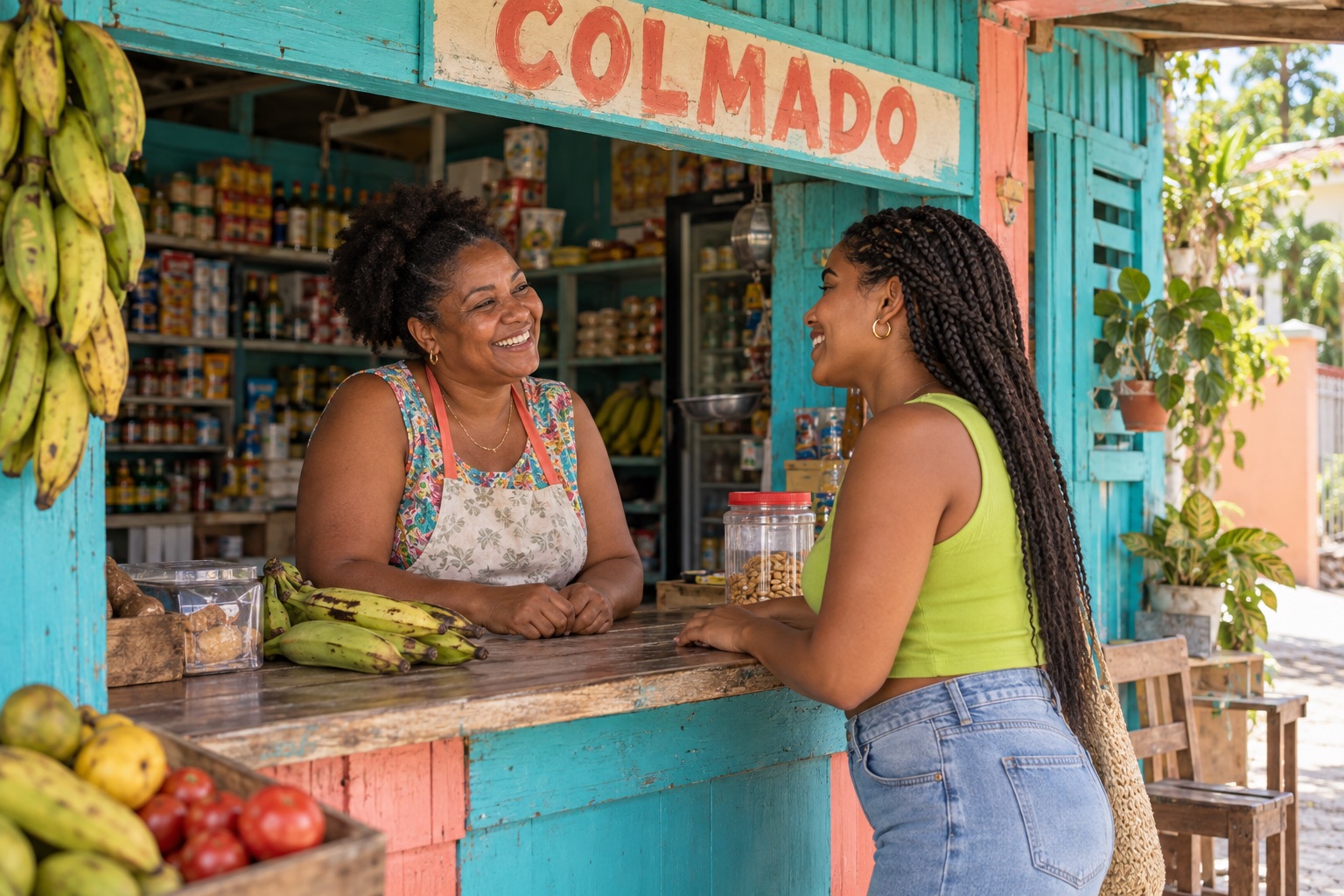 An imagined scene of a colmado owner and a neighbor sharing a smile at the shop counter